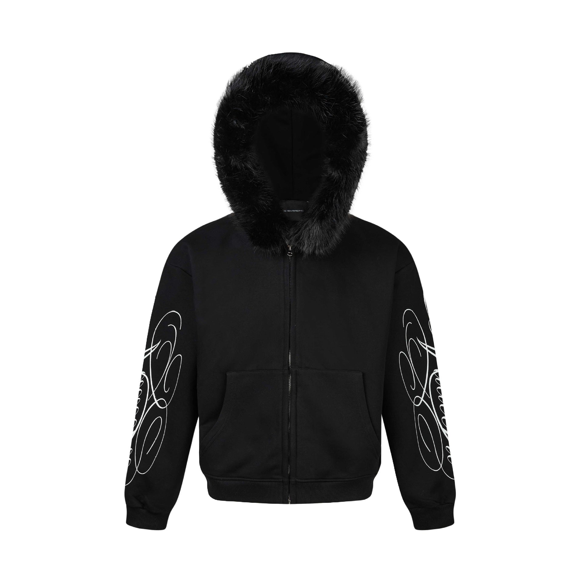 Unisex Oversize Hoodie Jacket made of cotton blend with removable faux fur trim and graphic sleeve prints Chichicherry