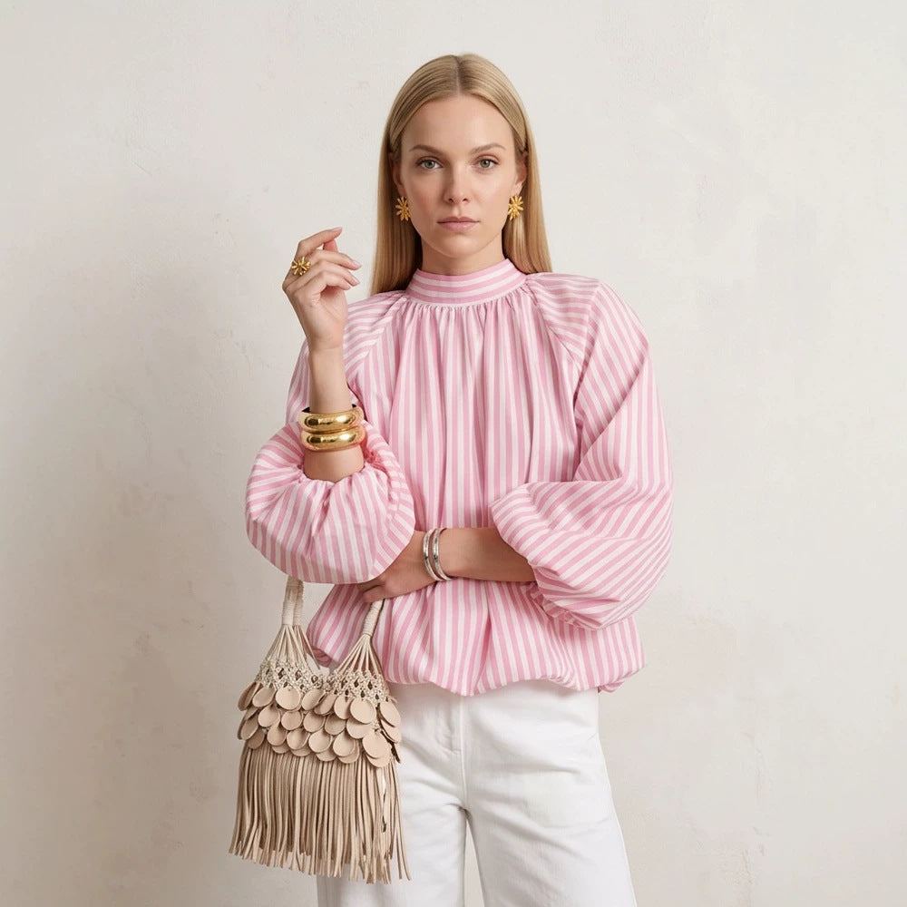 Women Backless Striped Blouse Top with Bow Collar Chichicherry