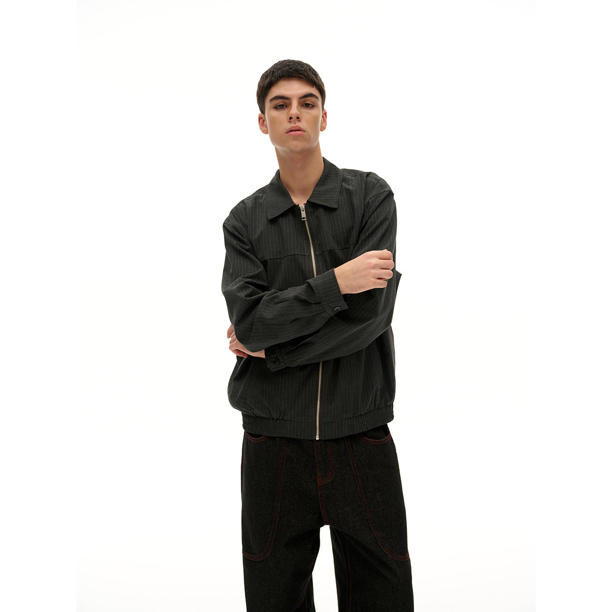 Unisex Short Cut Pinstripe Blouson Jacket with Contrasting Shirt Collar and Full Zipper Chichicherry