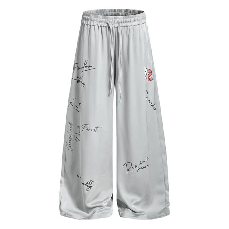 Women's Wide Satin Palazzo Lounge Pants with Elastic Waistband, Drawstring, and Script Print Chichicherry