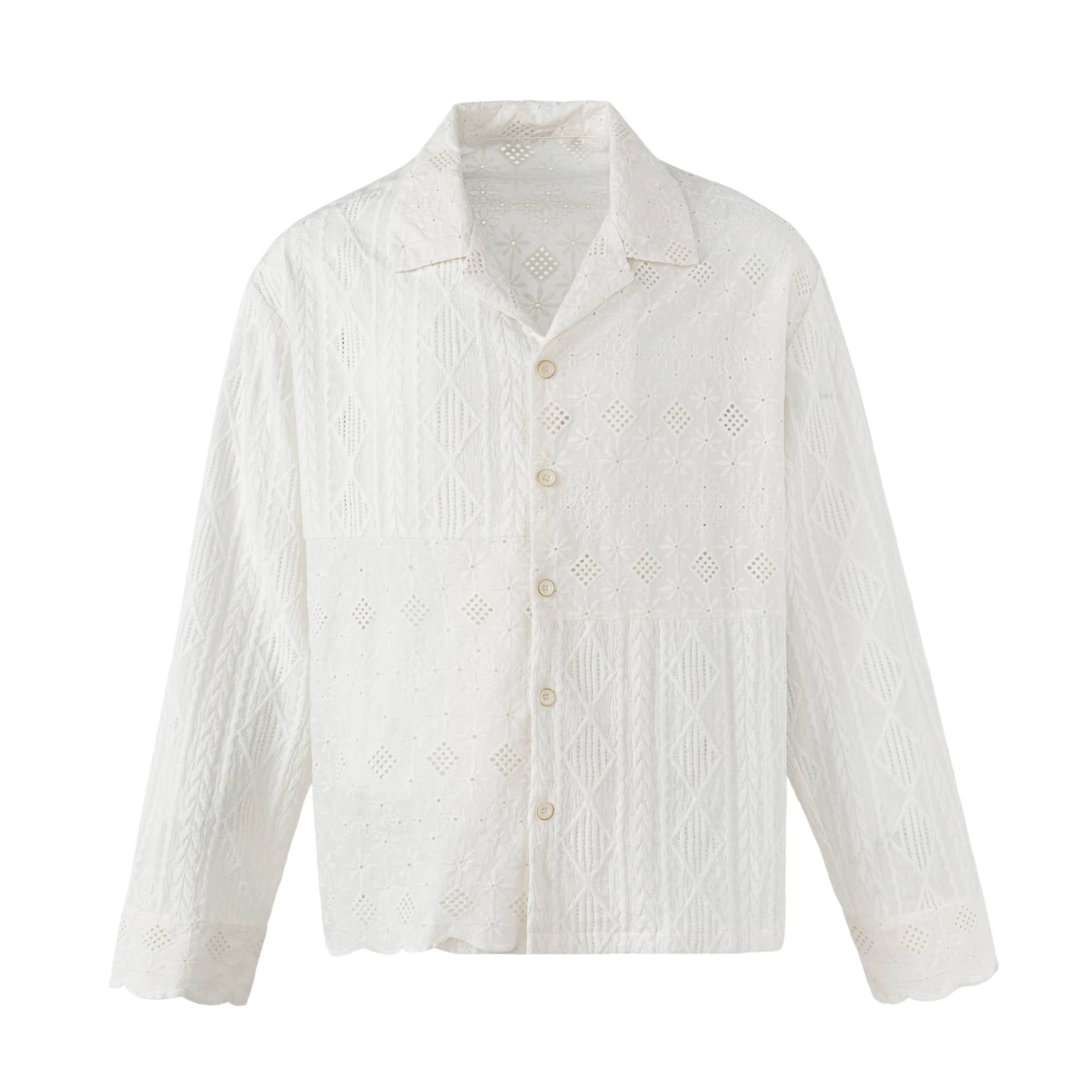 Women's Broderie-Anglaise Overshirt with Button Placket and Floral Lace Embroidery Chichicherry