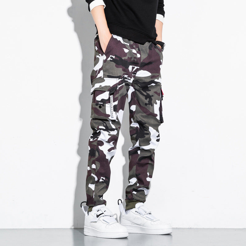 Men's Camouflage Cargo Jogging Pants with Tapered Cut, Elastic Waistband, and Multifunctional Pockets Chichicherry