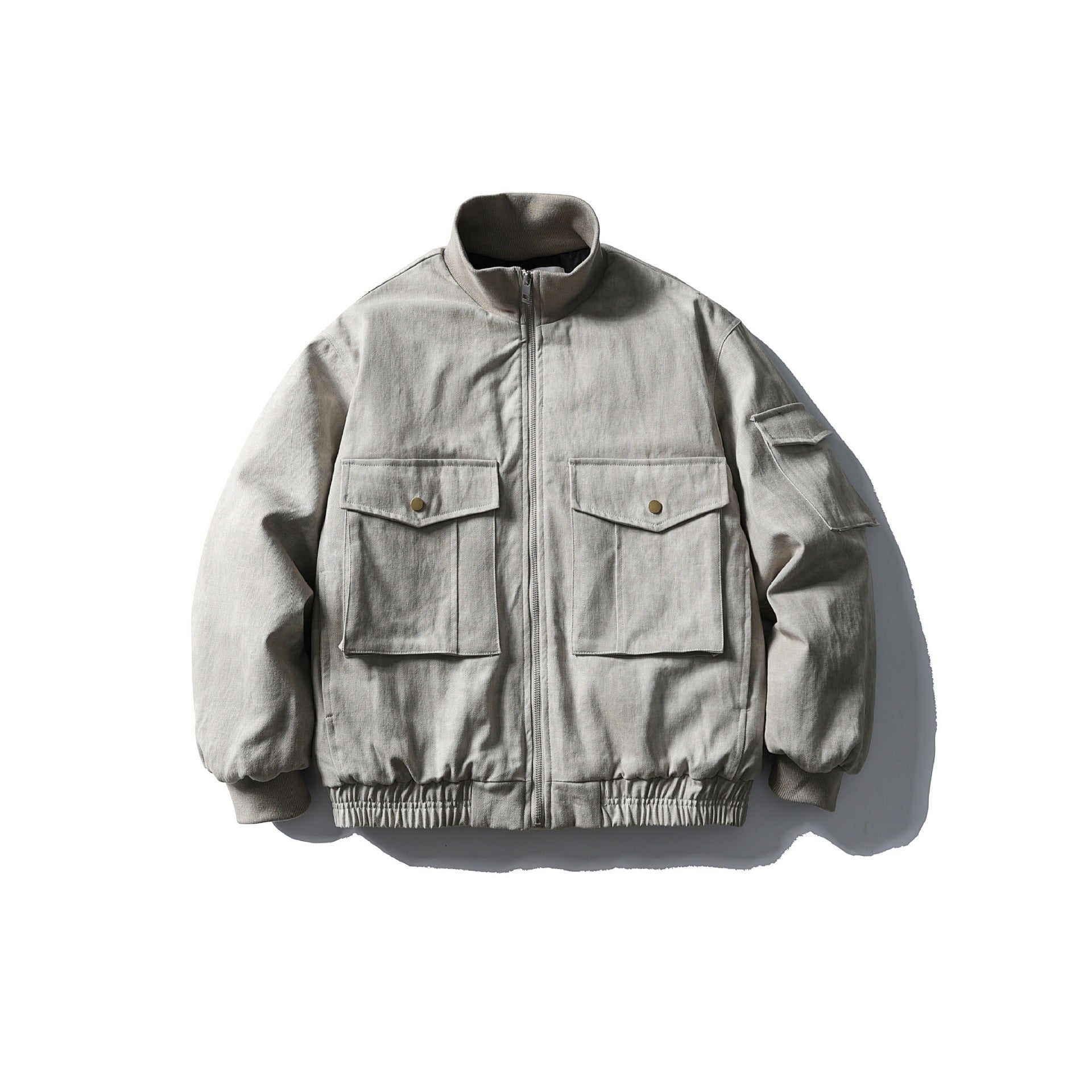 Men's Boxy Utility Blouson Jacket with Stand-up Collar, Cargo Sleeves and Applied Flap Pockets Chichicherry