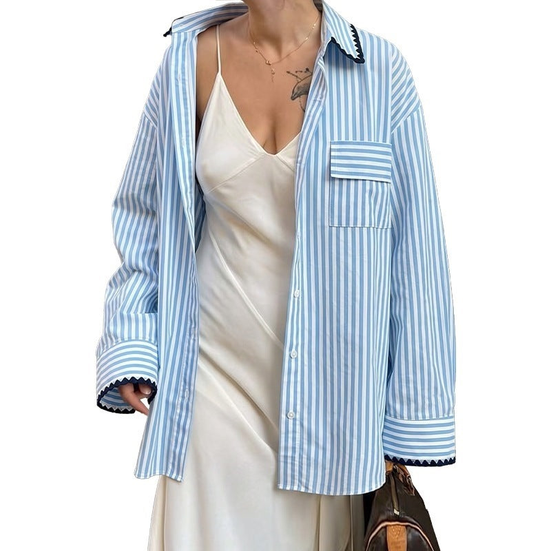 Women's oversized shirt blouse with fine stripes, breast pocket and decorative trim Chichicherry