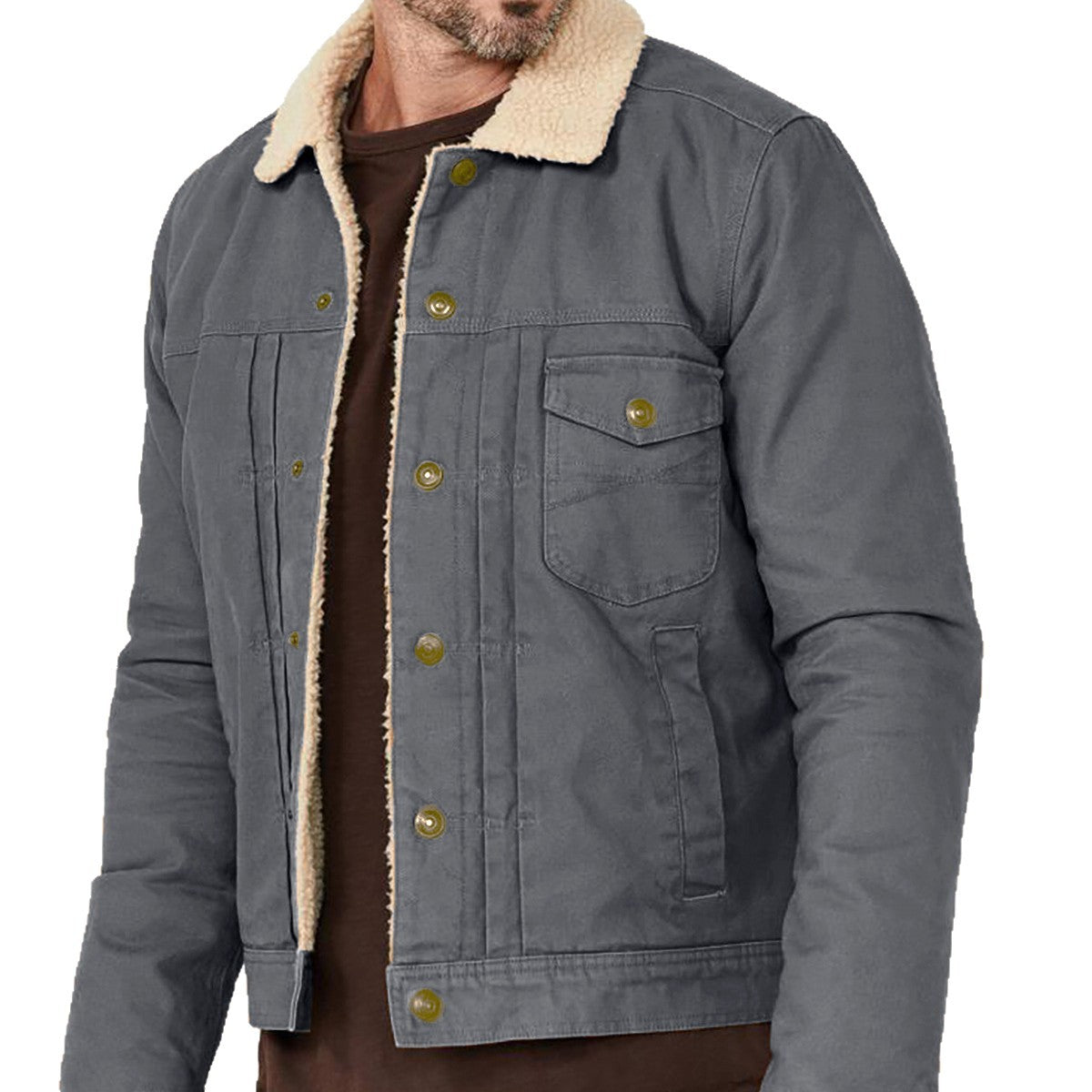 Men's Canvas Trucker Jacket with Teddy Lining and Cord Collar Chichicherry