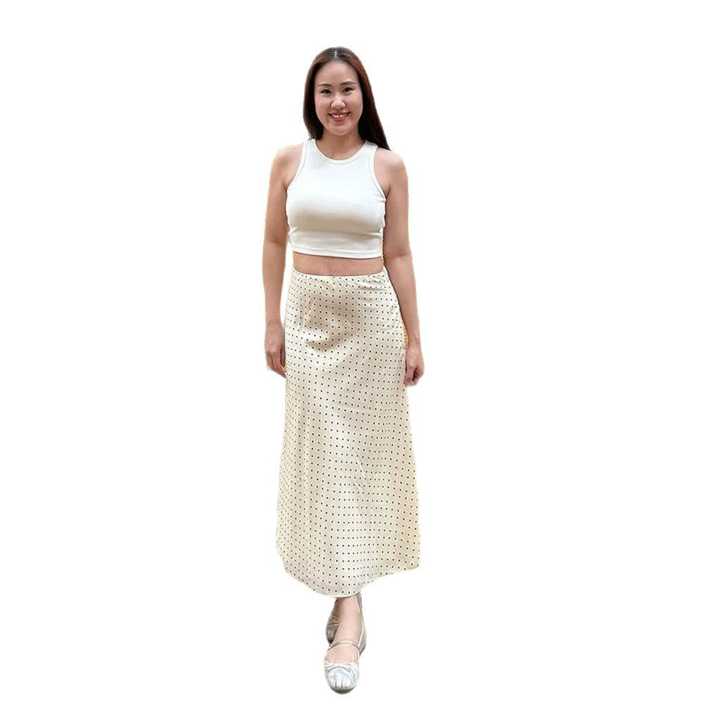 Women's satin midi skirt with polka dot print, tailored fit & flowing bias silhouette Chichicherry