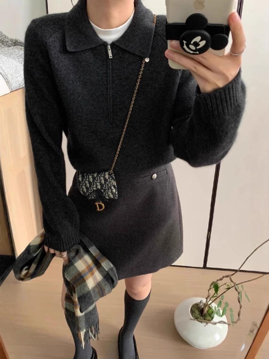 Women short zip polo sweater made of fluffy wool blend with boxy silhouette Chichicherry