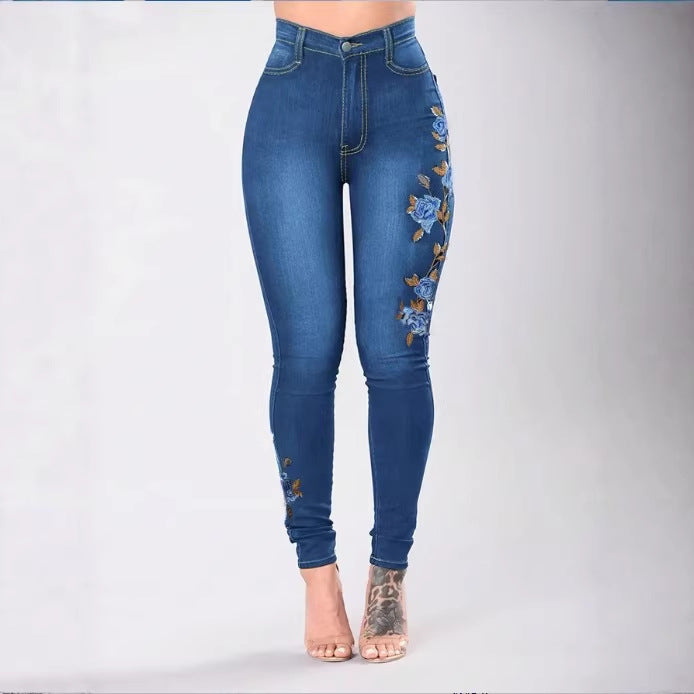 Women High-Waisted Sculpting Skinny Jeans with Side Floral Embroidery Chichicherry