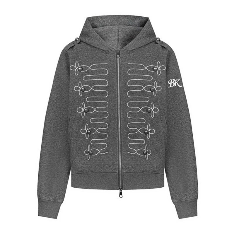 Women's hooded sweatshirt jacket with decorative frogging embroidery and pearl buttons Chichicherry