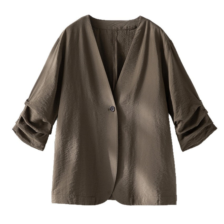 Women Lightweight Oversized Blazer with Deep V-Neck and Ruffled Sleeves Chichicherry