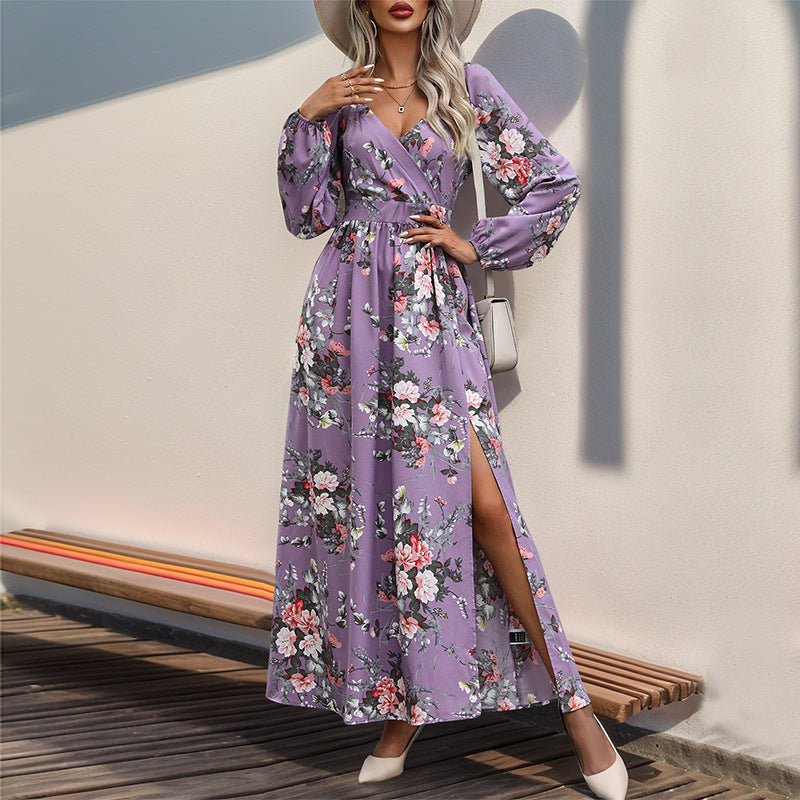 Women’s maxi dress with wrap effect, V-neck, waist gathering & side leg slit Chichicherry