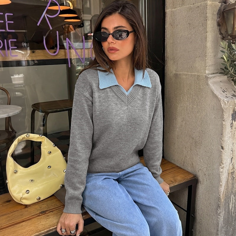 Women's fine knit polo sweater with contrasting shirt collar and V-neck Chichicherry