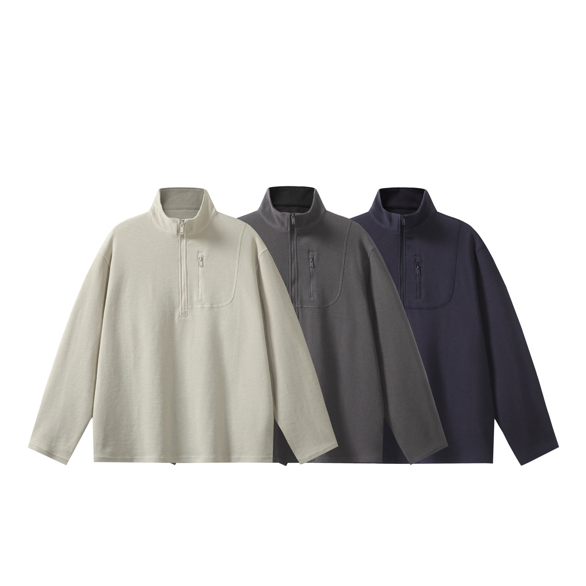 Unisex Lightweight Waffle Knit Half-Zip Pullover with Stand-Up Collar and Chest Zip Pocket Chichicherry