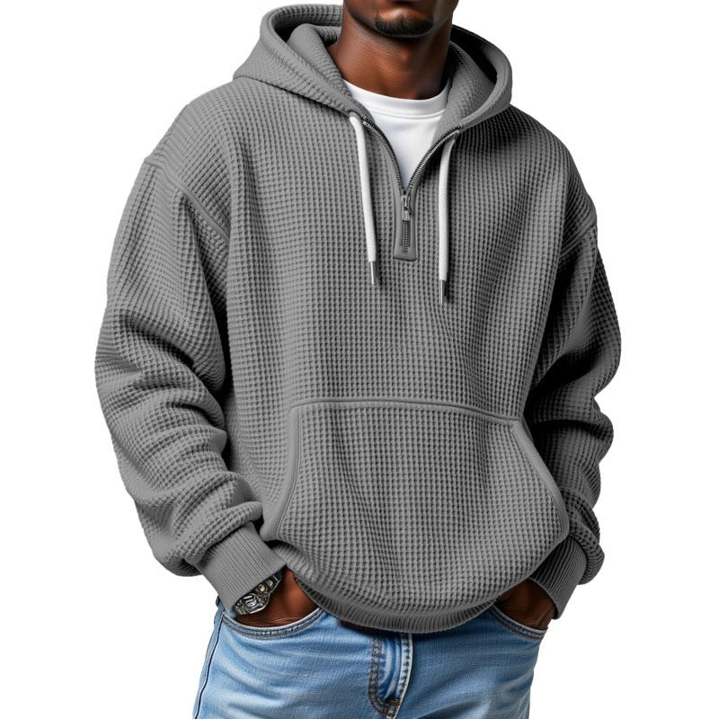 Men's Waffle Knit Halfzip Hoodie with Kangaroo Pocket Chichicherry