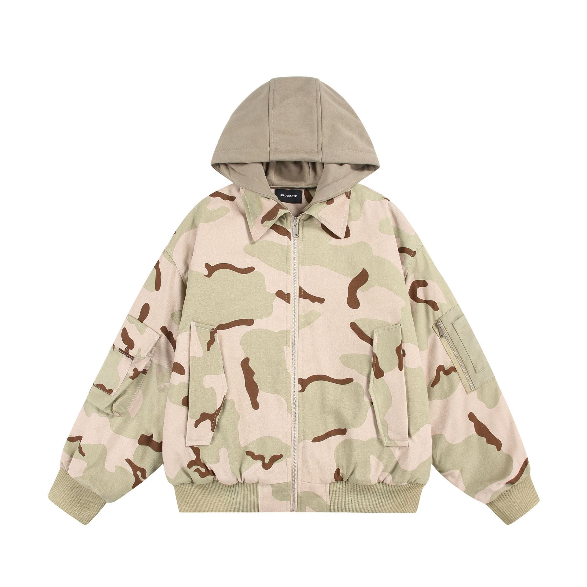 Unisex Oversize Cargo Bomber Jacket with Hood and Patches Utility Pockets Chichicherry