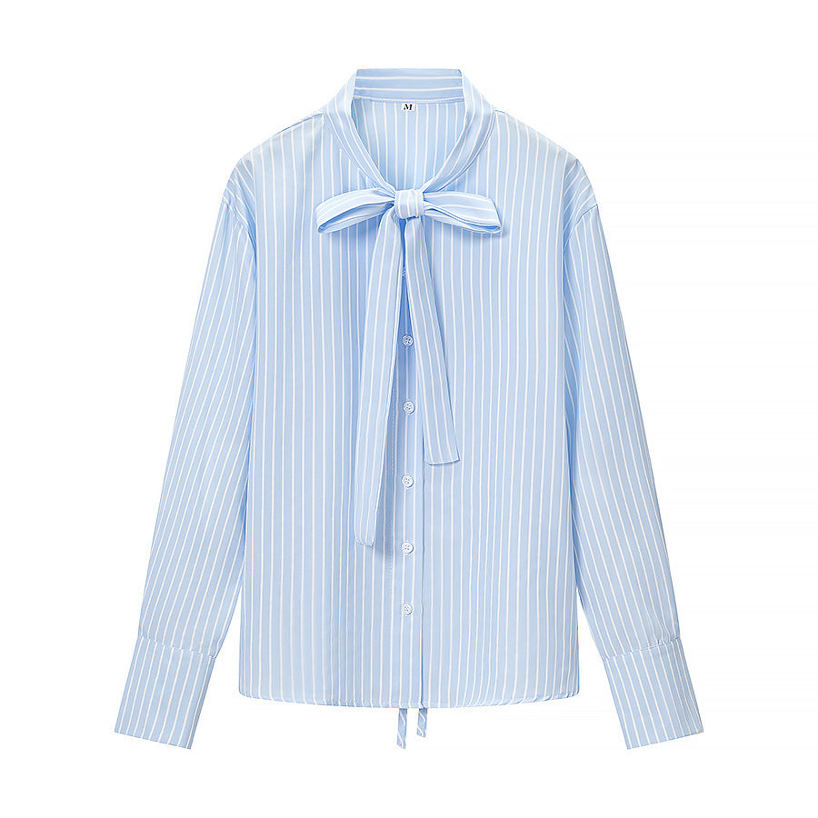 Women Striped Blouse with Bow Collar and Full Button Placket Chichicherry