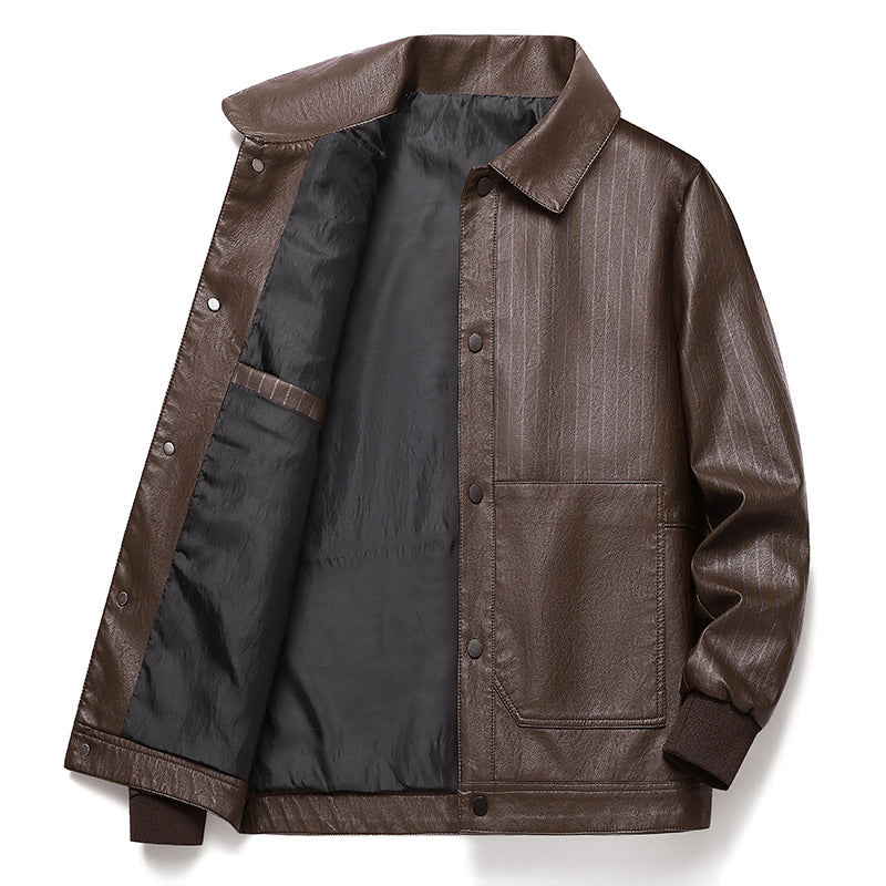 Men's Pinstripe Faux Leather Trucker Jacket with Snap Front and Ribbed Cuffs Chichicherry