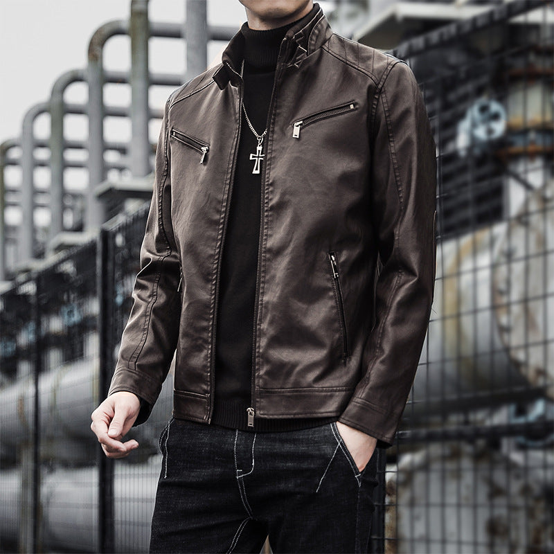 Men's faux leather moto jacket in aviator style with stand-up collar and functional zippers Chichicherry