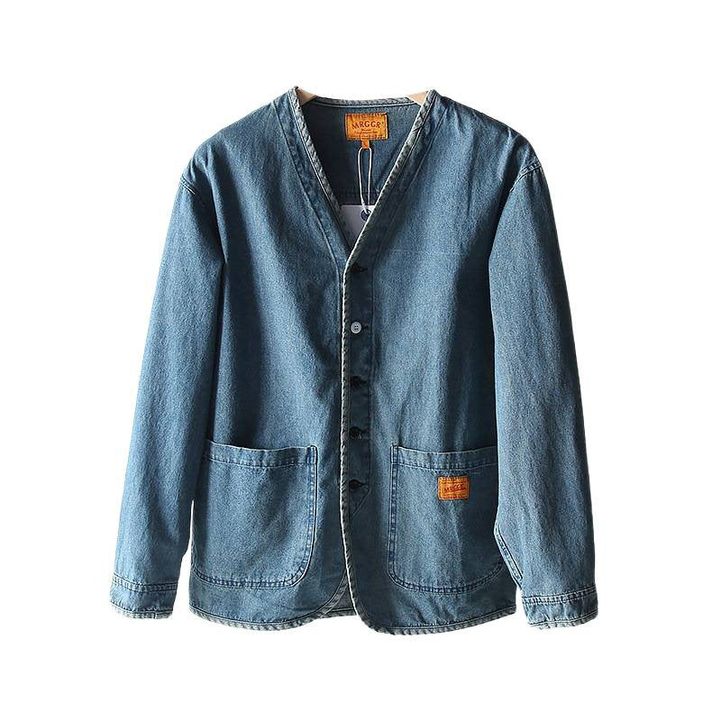 Herren Leichtes Jeans-Sakko im Overshirt-Stil mit V‑Ausschnitt und aufgesetzten Taschen Chichicherry