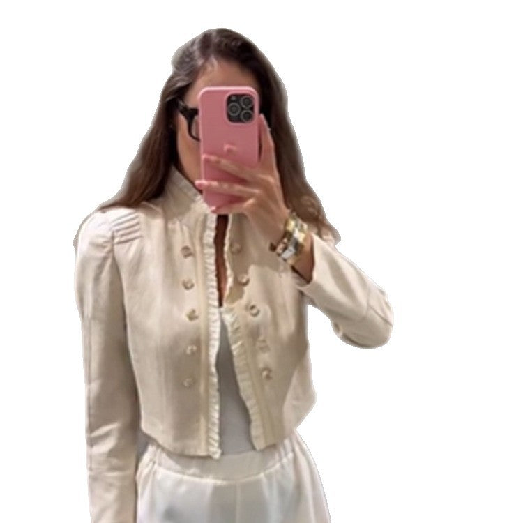 Women's cropped jacket with ruffle trim, puff sleeves, and double-breasted button placket Chichicherry