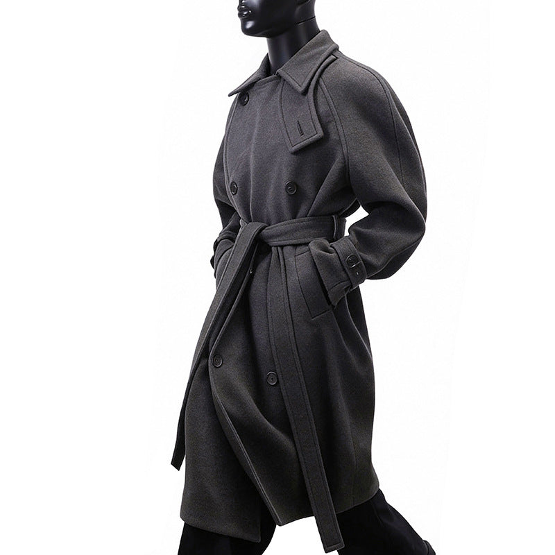 Men's Maxi Length Double-Breasted Wool Blend Coat with High Stand Collar and Tie Belt Chichicherry