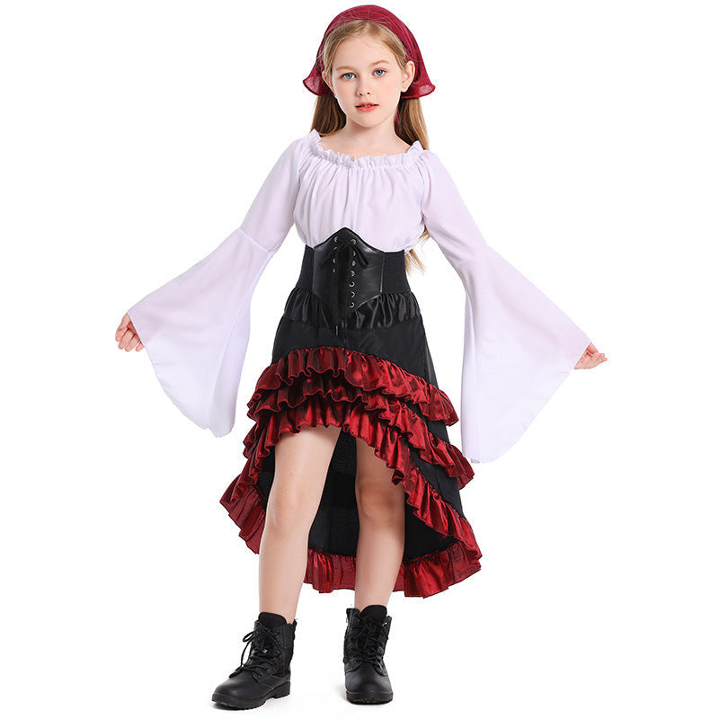 Girls Pirate Costume with Ruffled Skirt and Detail-Loving Top Chichicherry