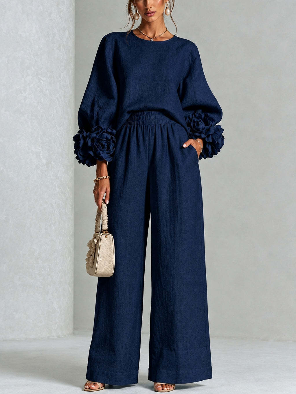 Ladies Two-Piece Ensemble with Balloon Sleeves and Floral Cuffs Chichicherry
