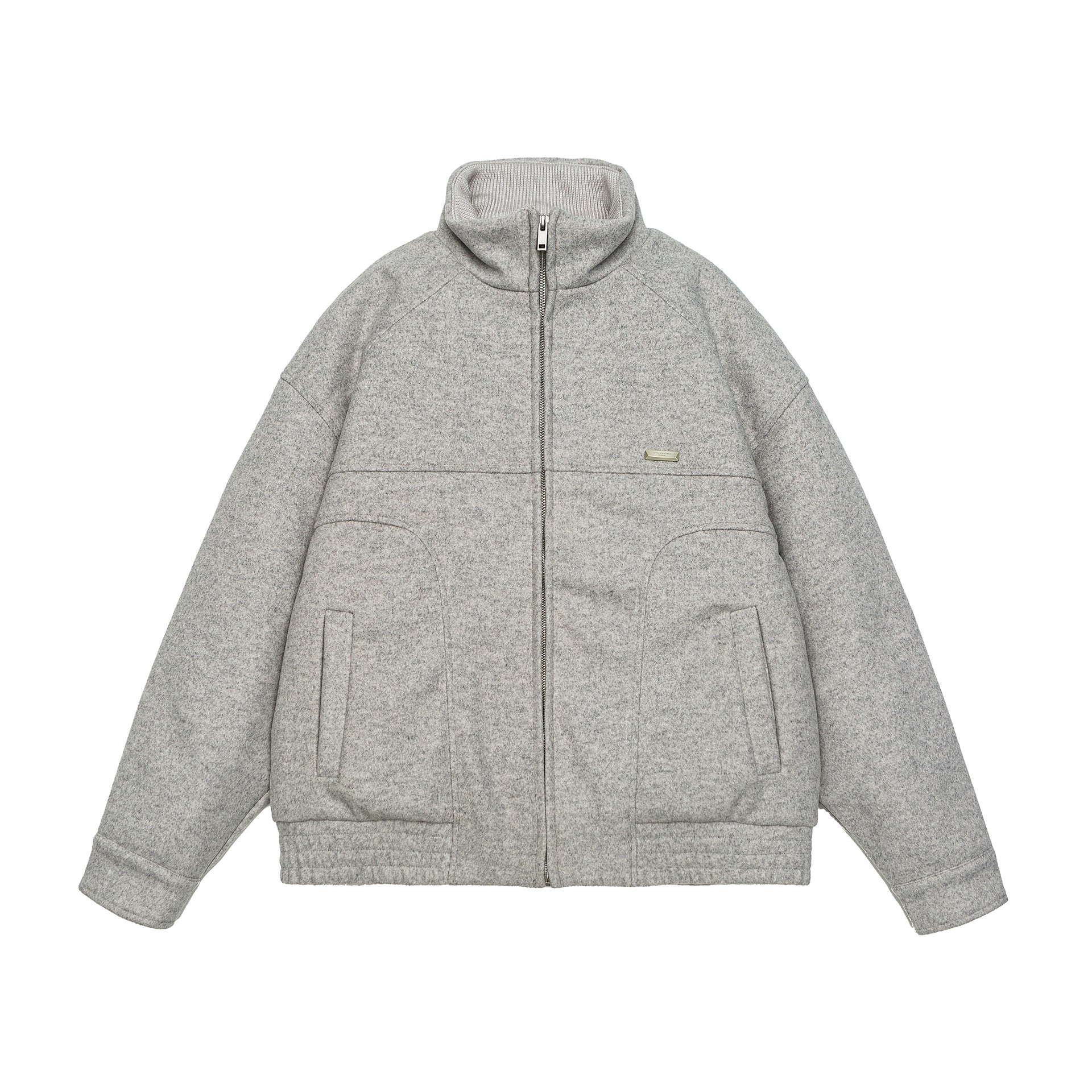 Men's short-cut boxy wool fleece jacket with high stand-up collar and full-length zipper Chichicherry