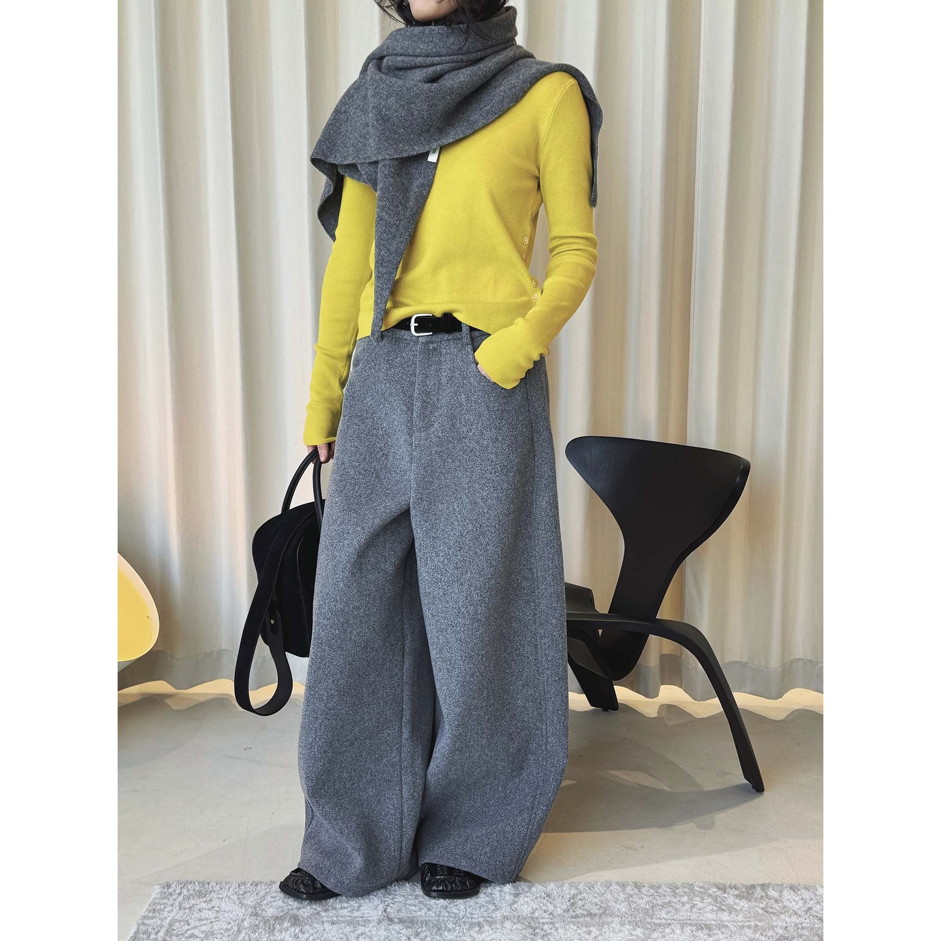 Ladies Wide Wool Blend Palazzo Trousers with High Waist, Pleats and Side Pockets Chichicherry