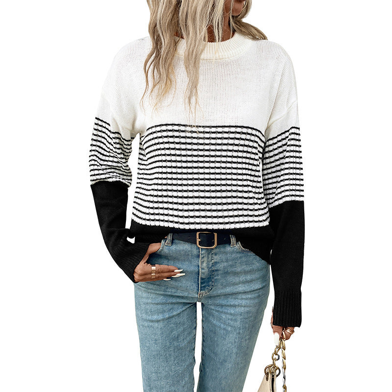 Women's Relaxed-Fit Block Stripe Fine Knit Sweater with Ribbed Cuffs and Dropped Shoulder Chichicherry