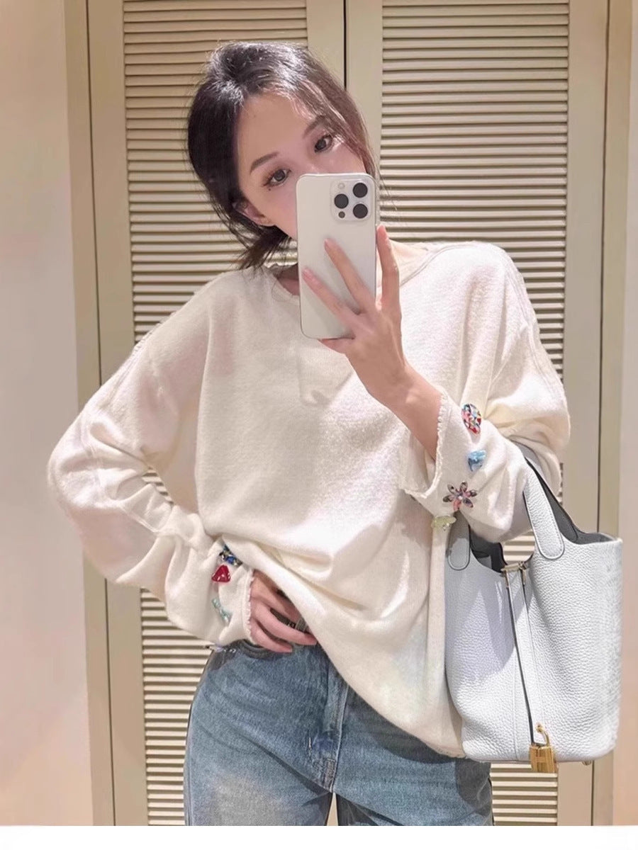 Women's Oversized Fine Knit Sweater with Embellished Sleeve Cuffs Chichicherry