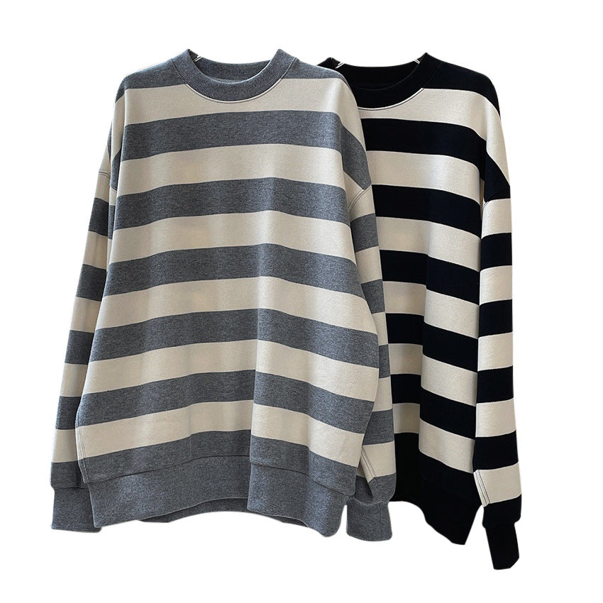 Women’s Oversized Cotton Blend Knit Sweater with Wide Block Stripes and Dropped Shoulder Chichicherry