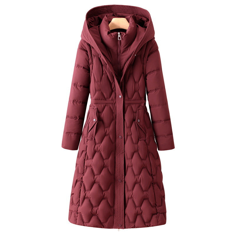Women's longer quilted coat with honeycomb quilt, hood and tailored A-line Chichicherry