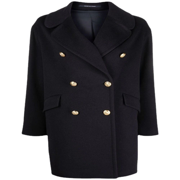 Women's Boxy Double-Breasted Short Coat made of Wool Blend with Golden Decorative Buttons Chichicherry