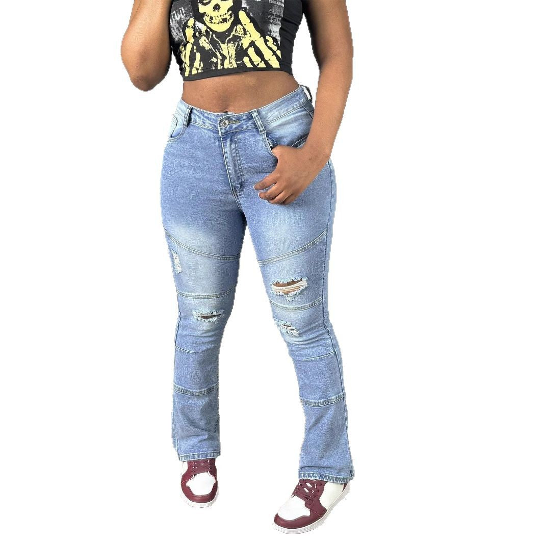 Women High-Waisted Distressed Flared Jeans with Panel Seams Chichicherry