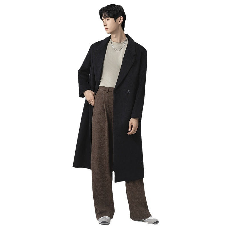Men's Maxi-Length Wool Blend Coat with Concealed Button Placket and Draped Shawl Collar Chichicherry