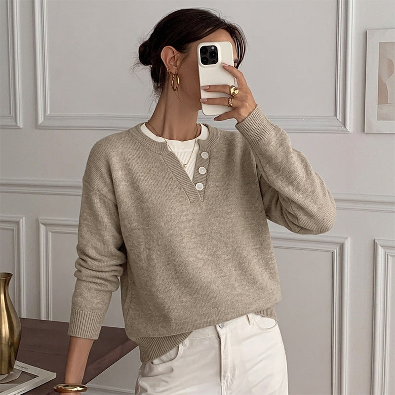 Women Lightweight Henley Knit Sweater with Button Placket, Ribbed Cuffs and Relaxed Fit Chichicherry