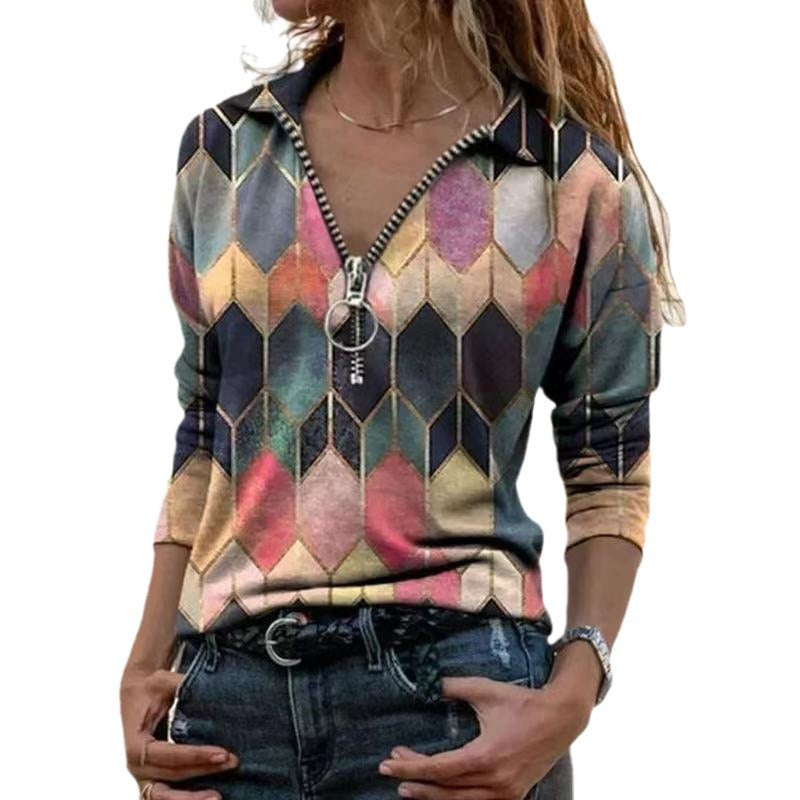 Women's zip pullover with polo collar, graphic diamond print and slim fit Chichicherry