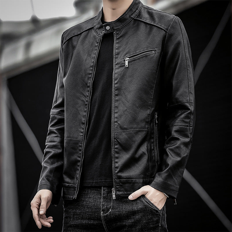 Men's Slim-Fit Faux Leather Moto Jacket with Stand Collar and Zipper Details Chichicherry
