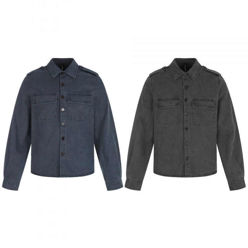 Women Boxy Overshirt Jacket made of Denim with Shoulder Flaps and Patch Chest Pockets Chichicherry