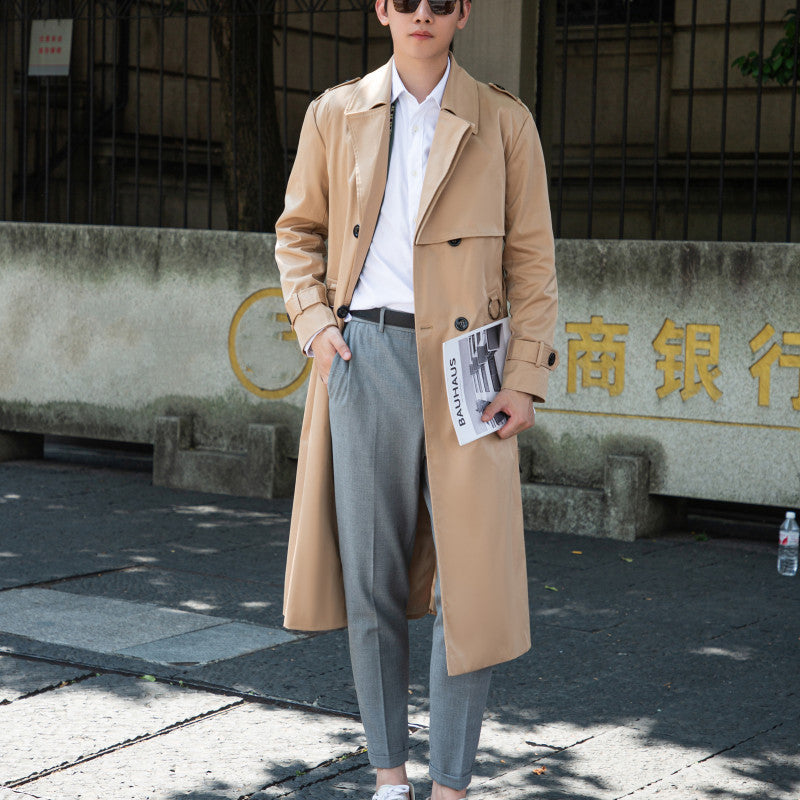 Men's longer double-breasted trench coat with storm flap and D-ring details Chichicherry