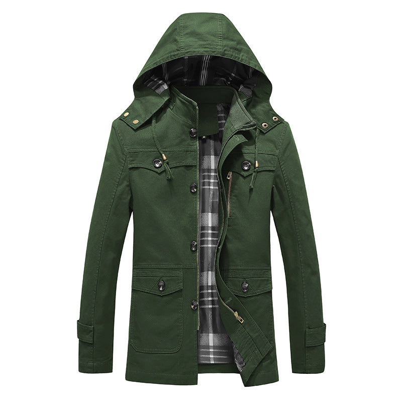 Men's canvas field parka with checked lining, hood, and multifunctional pockets Chichicherry