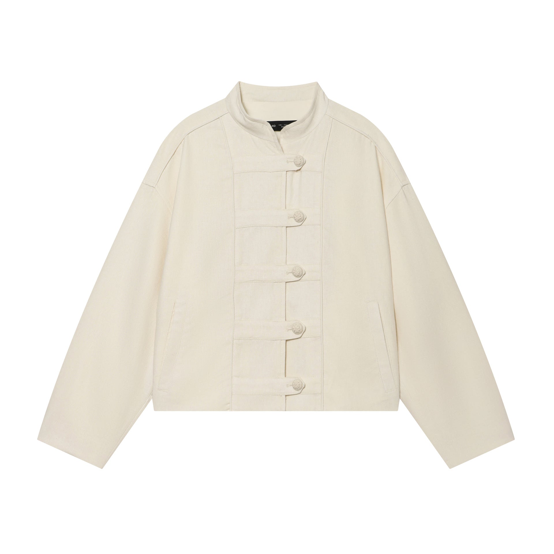 Women's Cropped Jacket with Stand-up Collar and Decorative Knot Buttons Chichicherry