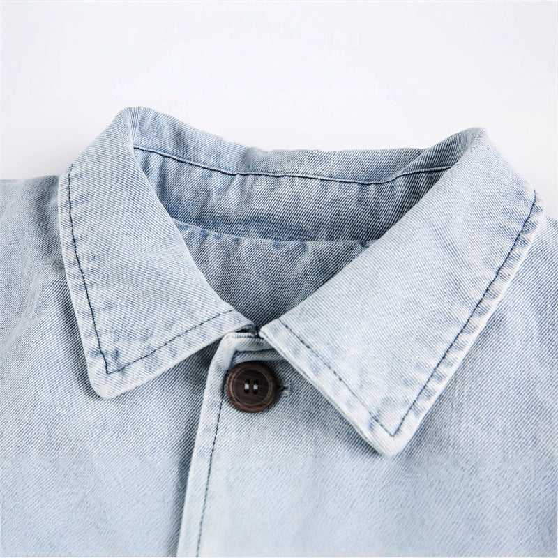 Unisex Lightweight Oversized Denim Jacket with Shirt Collar, Elastic Hem and Raglan Sleeves Chichicherry