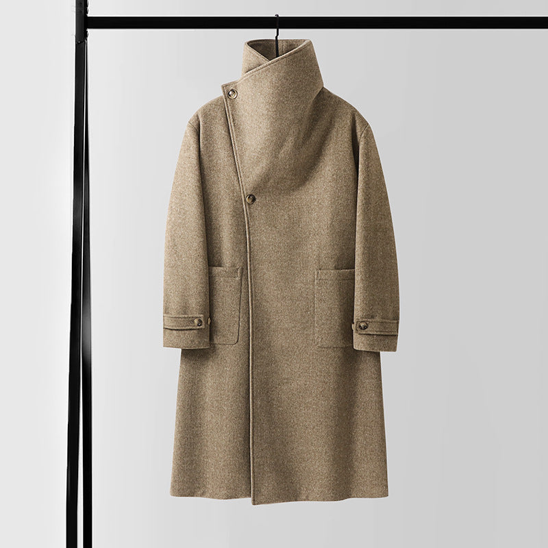 Men's Maxilength Wool Coat with High Stand-up Collar, Asymmetric Button Placket and Tied Belt Chichicherry