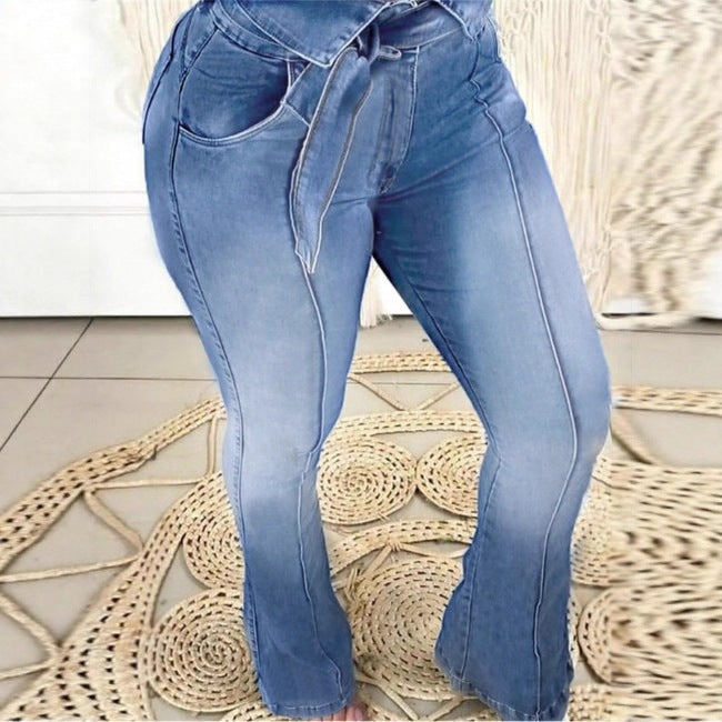 Women High-Waisted Paperbag Skinny Jeans with Ties and Vertical Seam Guidance Chichicherry