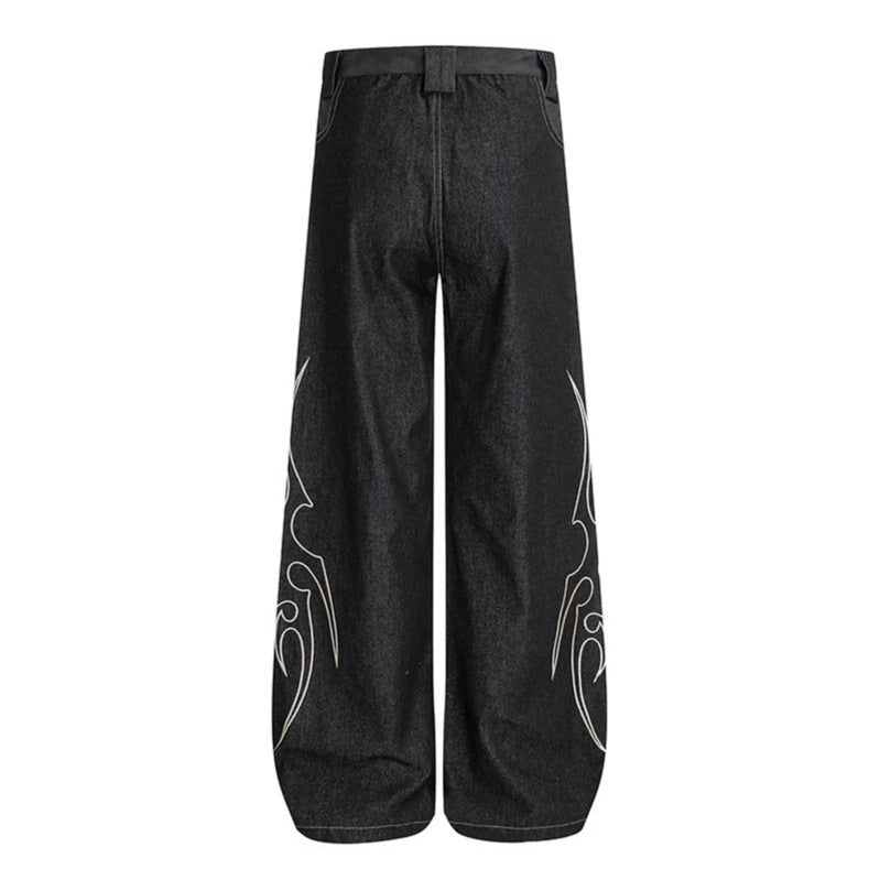 Women's Loose High-Waist Denim Cargo Pants with Flame Embroidery and Patch Pockets Chichicherry