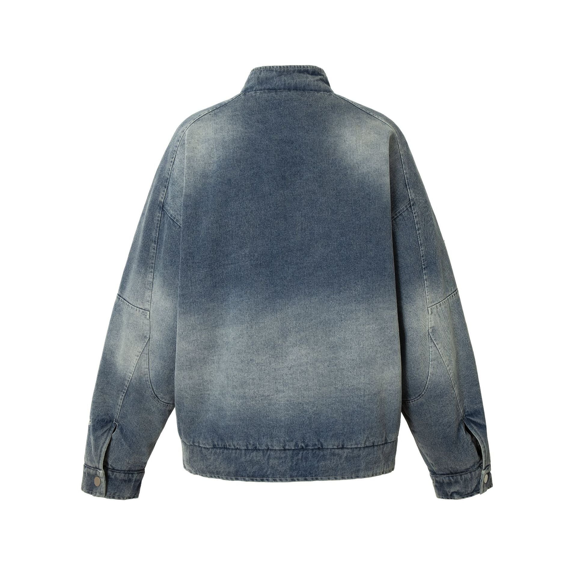 Men's jeans bomber jacket with vintage wash, patch detail and stand-up collar Chichicherry