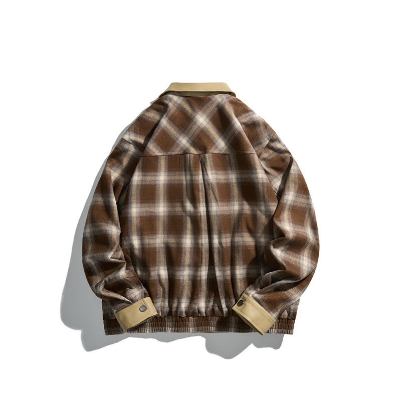 Men's Boxy Checkered Shirt Jacket with Faux Leather Collar, Snap Button Closure and Leather Accents Chichicherry