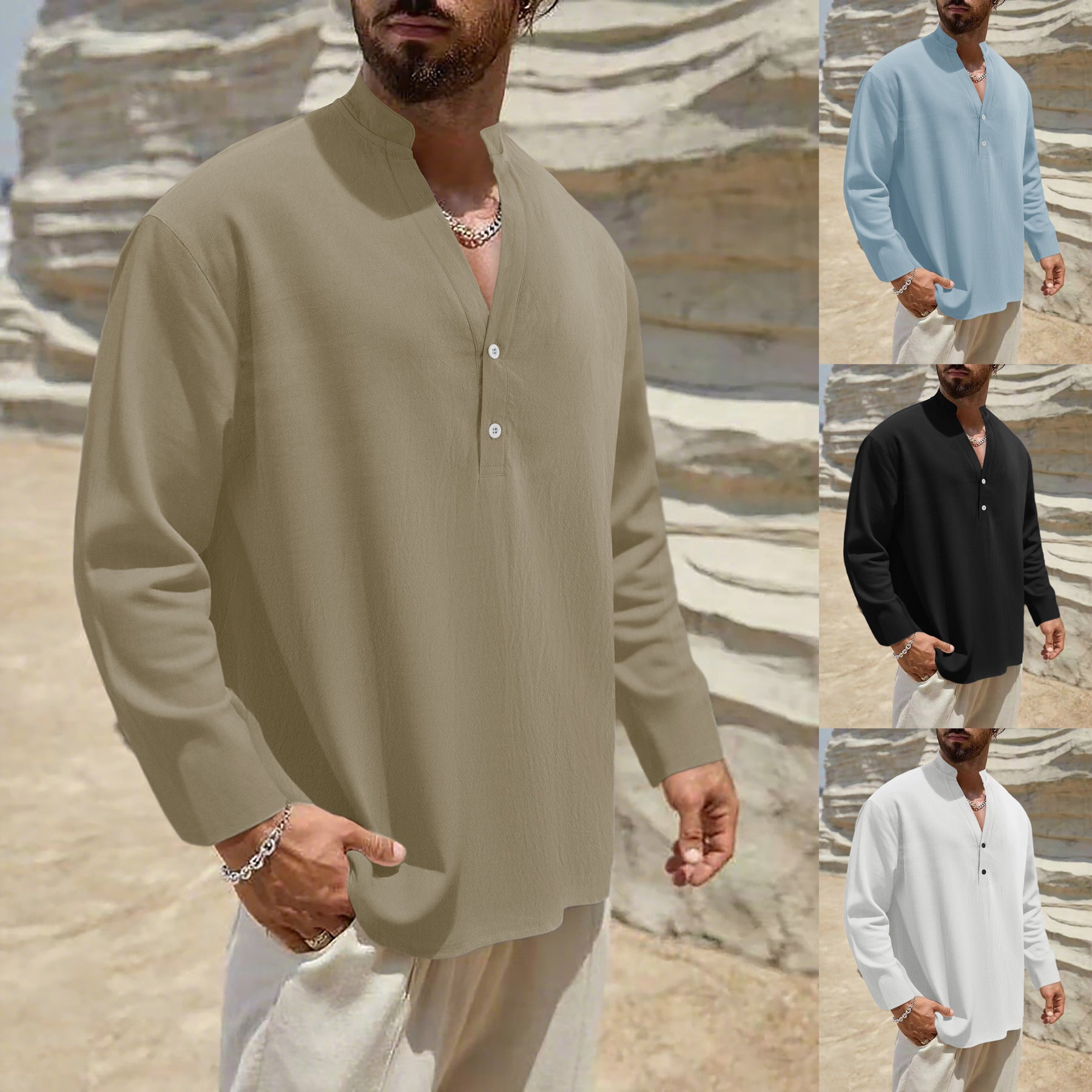 Men's Lightweight Linen Henley with Stand-up Collar and 2-Button Placket Chichicherry